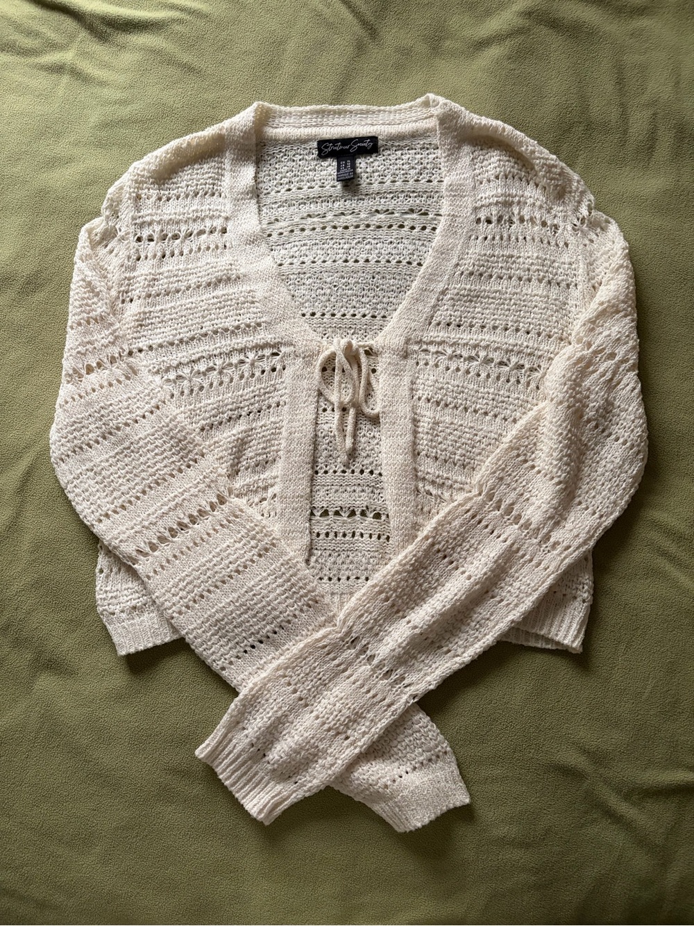 cropped crochet tie-up cardigan